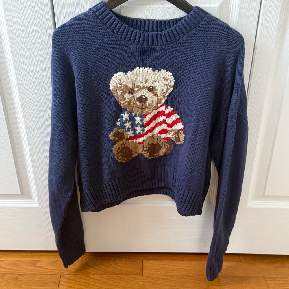 Navy Bear Graphic Cropped Sweater - Picture 2 of 4